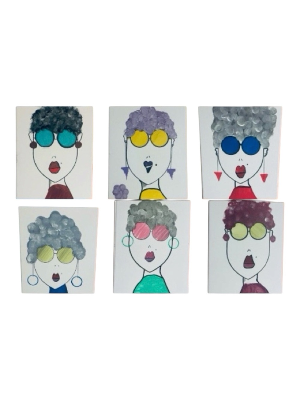 Mixed Media Portrait Wall Art Set in Blue, Yellow, Pink and Green.
